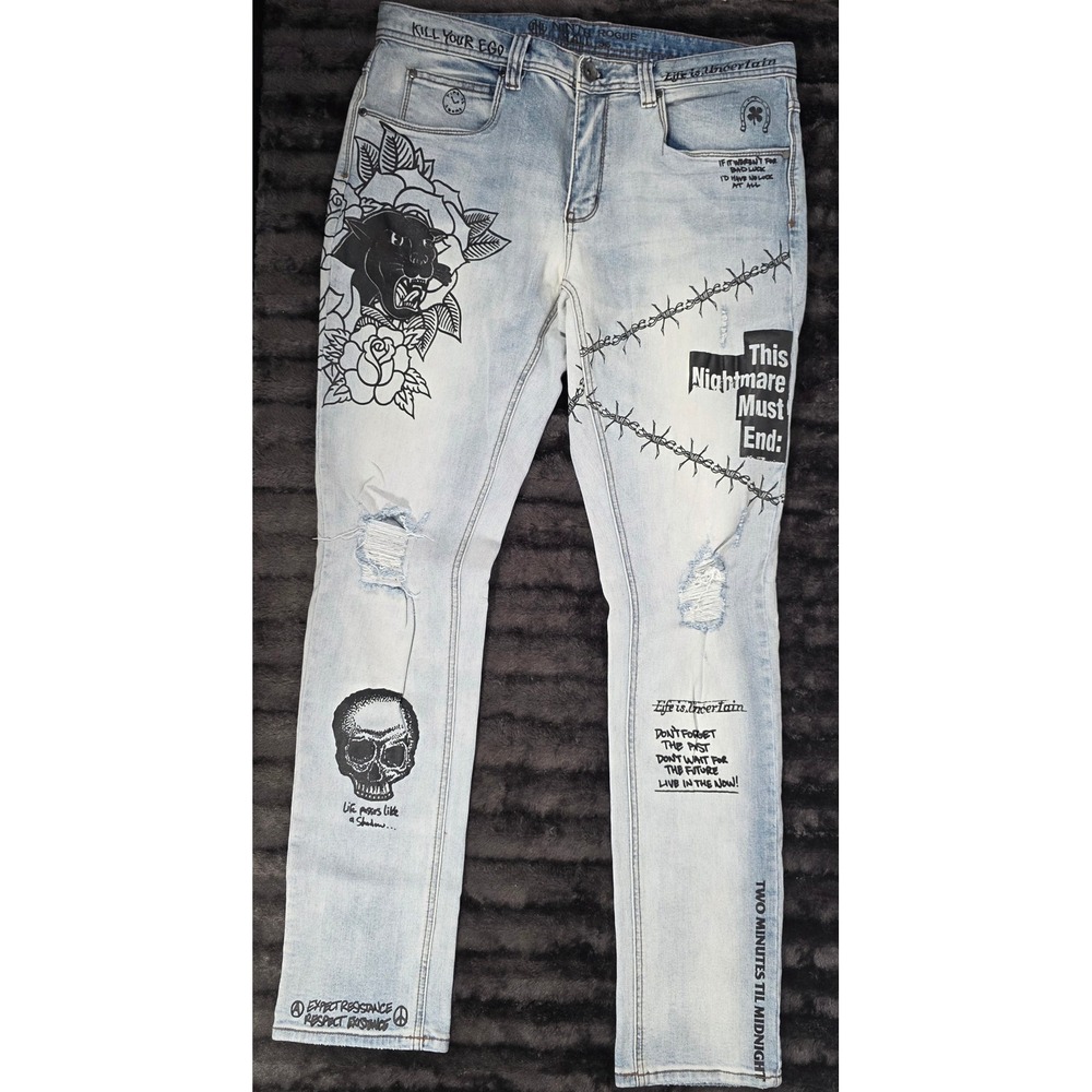 Ninth Rogue Hall Mens 36x32 Light Wash Graphic Punk Tattoo Slim Fit Jeans